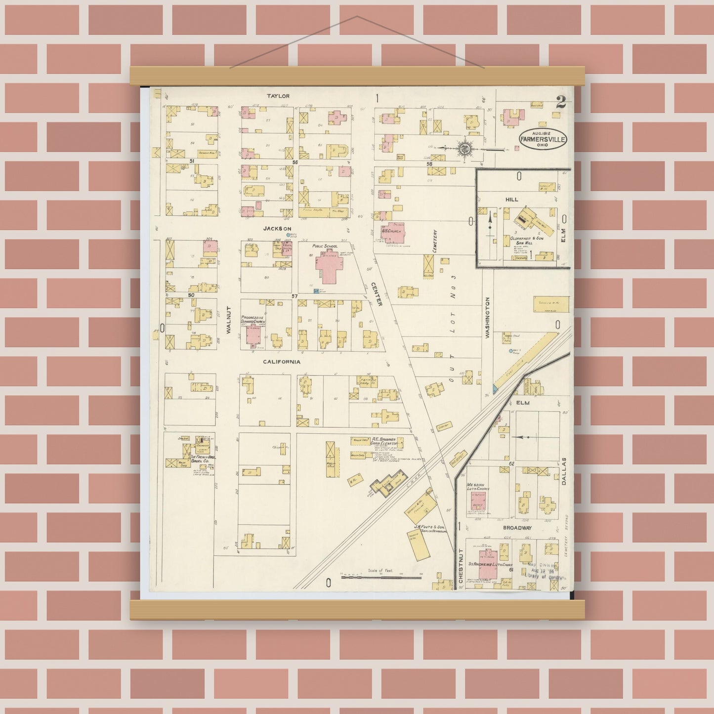 Old map wall art mockup — magnetic wood frame on brick wall — Sanborn Fire Insurance Map from Farmersville, Montogomery County, Ohio (1912), Sheet #0002