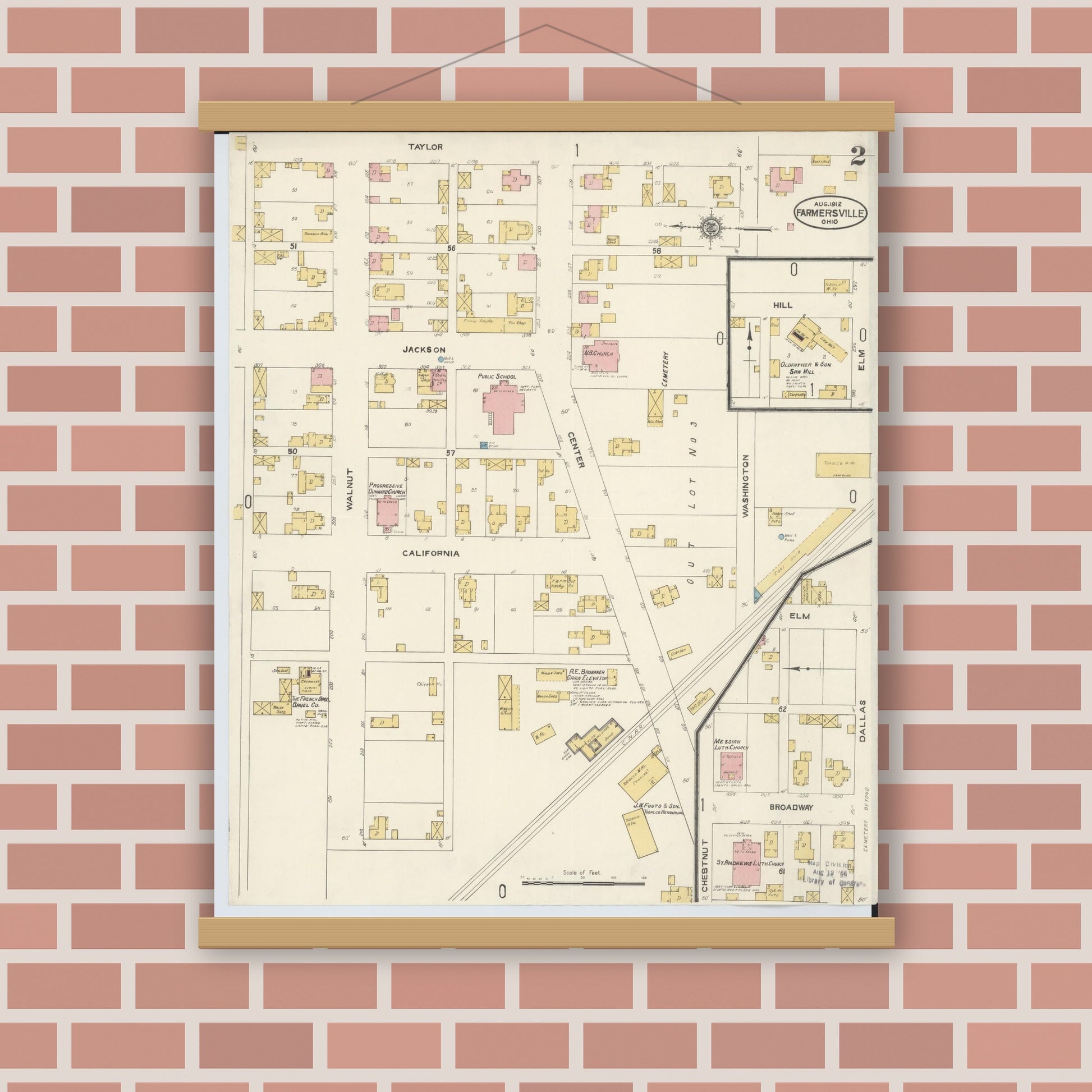 Old map wall art mockup — magnetic wood frame on brick wall — Sanborn Fire Insurance Map from Farmersville, Montogomery County, Ohio (1912), Sheet #0002
