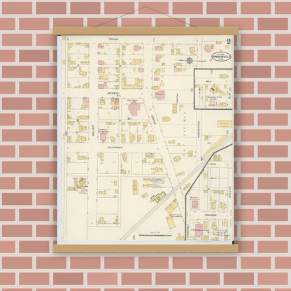 Old map wall art mockup — magnetic wood frame on brick wall — Sanborn Fire Insurance Map from Farmersville, Montogomery County, Ohio (1912), Sheet #0002