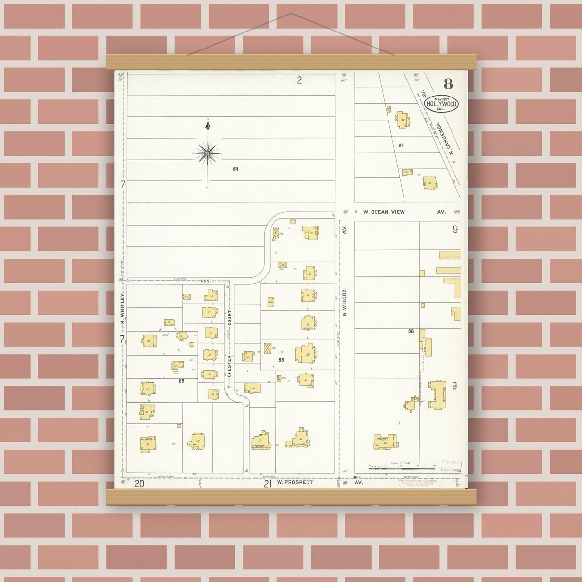 Old map wall art mockup — magnetic wood frame on brick wall — Sanborn Fire Insurance Map from Hollywood, Los Angeles County, California (1907), Sheet #0008