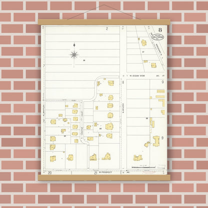 Old map wall art mockup — magnetic wood frame on brick wall — Sanborn Fire Insurance Map from Hollywood, Los Angeles County, California (1907), Sheet #0008