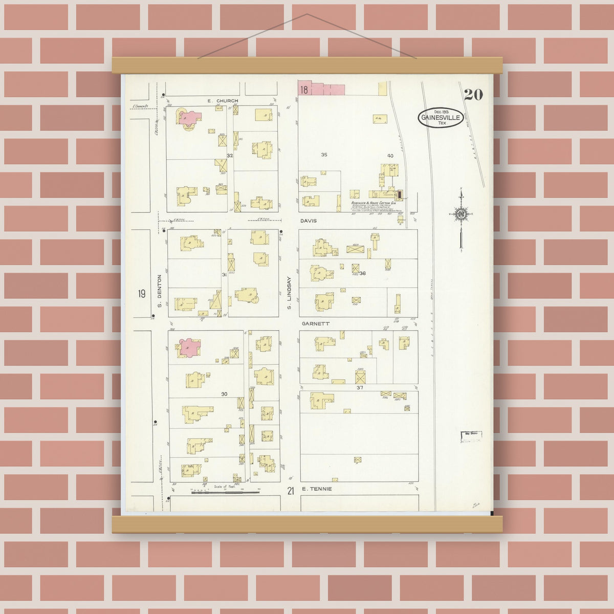 Old map wall art mockup — magnetic wood frame on brick wall — Sanborn Fire Insurance Map from Gainesville, Cooke County, Texas (1913), Sheet #0020