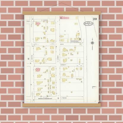 Old map wall art mockup — magnetic wood frame on brick wall — Sanborn Fire Insurance Map from Gainesville, Cooke County, Texas (1913), Sheet #0020