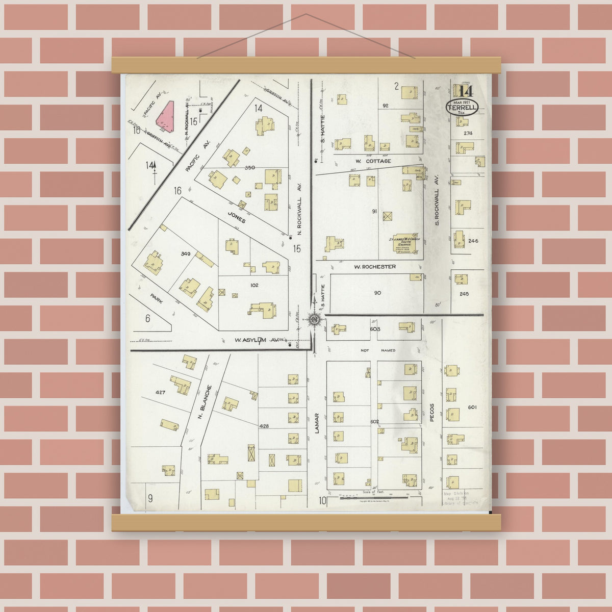 Old map wall art mockup — magnetic wood frame on brick wall — Sanborn Fire Insurance Map from Terrell, Kaufman County, Texas (1921), Sheet #0014