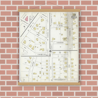 Old map wall art mockup — magnetic wood frame on brick wall — Sanborn Fire Insurance Map from Terrell, Kaufman County, Texas (1921), Sheet #0014