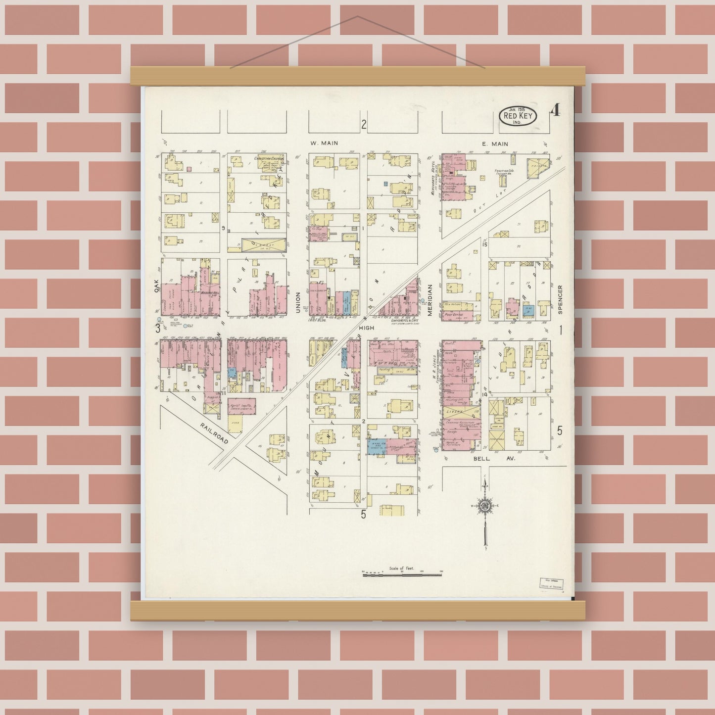 Old map wall art mockup — magnetic wood frame on brick wall — Sanborn Fire Insurance Map from Redkey, Jay County, Indiana (1915), Sheet #0004