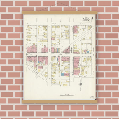 Old map wall art mockup — magnetic wood frame on brick wall — Sanborn Fire Insurance Map from Redkey, Jay County, Indiana (1915), Sheet #0004