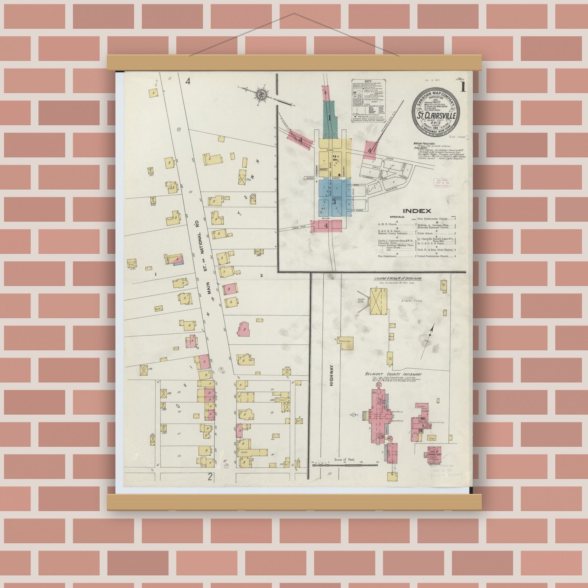 Old map wall art mockup — magnetic wood frame on brick wall — Sanborn Fire Insurance Map from Saint Clairsville, Belmont County, Ohio (1911), Sheet #0001