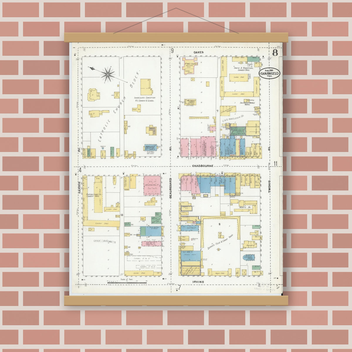 Old map wall art mockup — magnetic wood frame on brick wall — Sanborn Fire Insurance Map from San Angelo, Tom Green County, Texas (1904), Sheet #0008