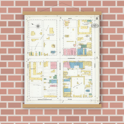 Old map wall art mockup — magnetic wood frame on brick wall — Sanborn Fire Insurance Map from San Angelo, Tom Green County, Texas (1904), Sheet #0008