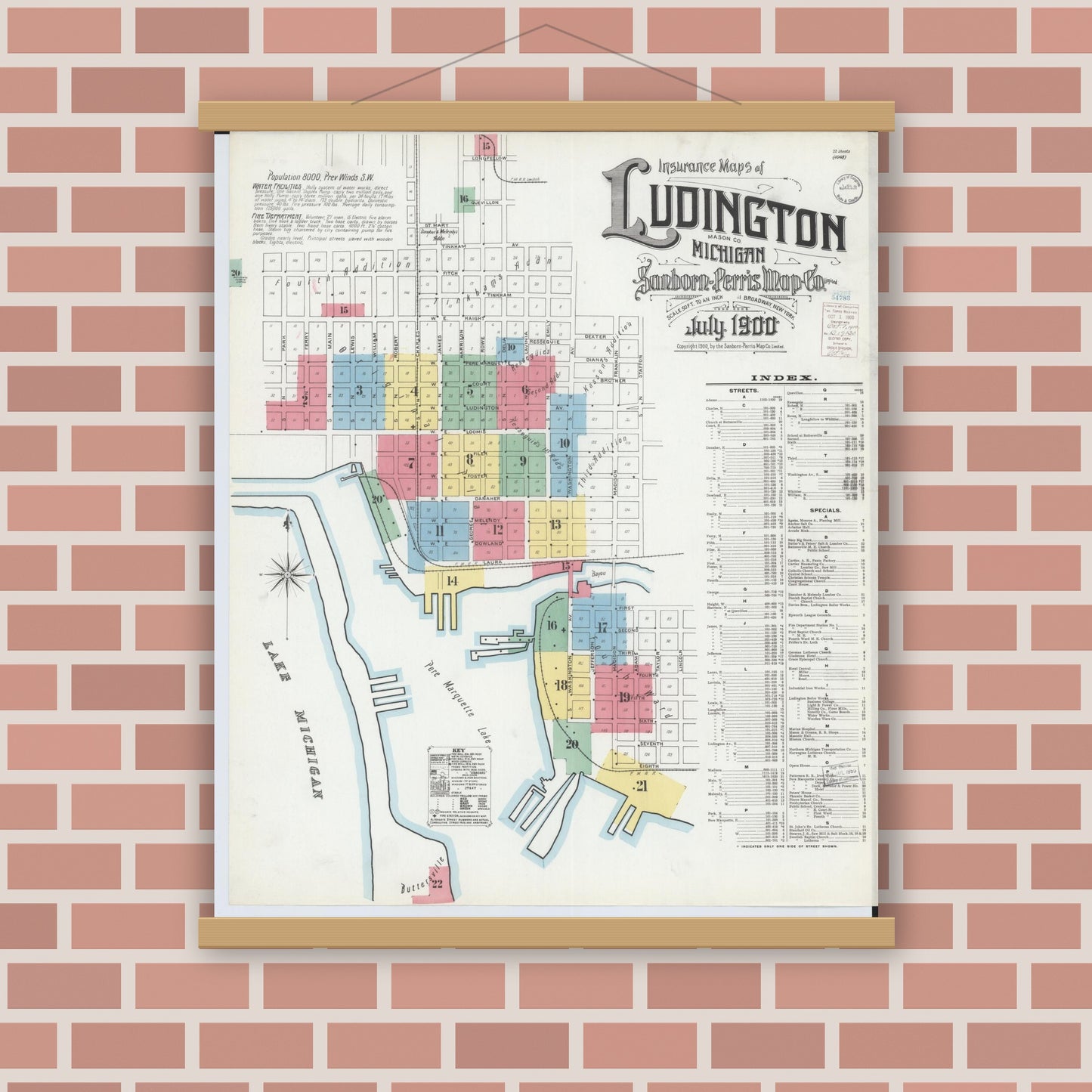 Old map wall art mockup — magnetic wood frame on brick wall — Sanborn Fire Insurance Map from Ludington, Mason County, Michigan (1900), Sheet #0001