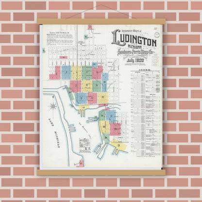 Old map wall art mockup — magnetic wood frame on brick wall — Sanborn Fire Insurance Map from Ludington, Mason County, Michigan (1900), Sheet #0001