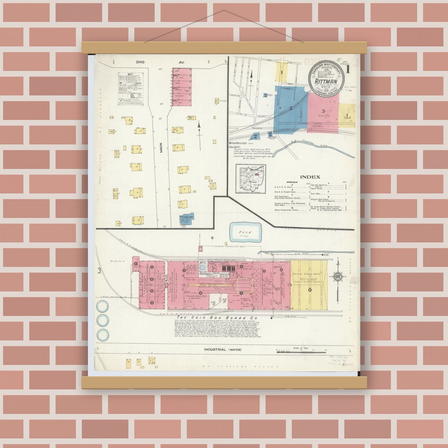 Old map wall art mockup — magnetic wood frame on brick wall — Sanborn Fire Insurance Map from Rittman, Wayne County, Ohio (1913) - Complete Map Set