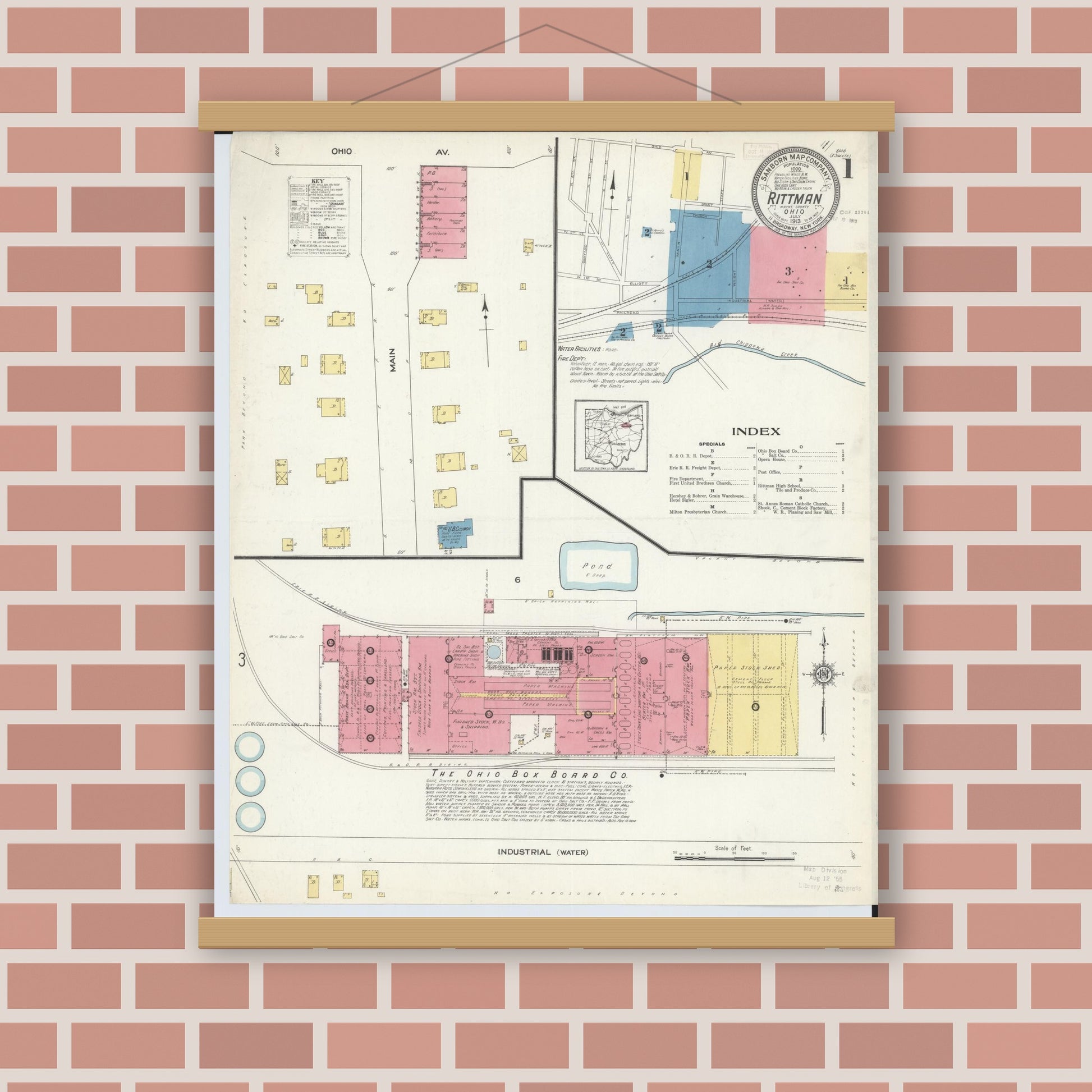 Old map wall art mockup — magnetic wood frame on brick wall — Sanborn Fire Insurance Map from Rittman, Wayne County, Ohio (1913) - Complete Map Set