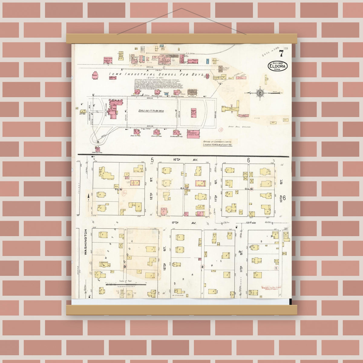 Old map wall art mockup — magnetic wood frame on brick wall — Sanborn Fire Insurance Map from Eldora, Hardin County, Iowa (1940), Sheet #0007