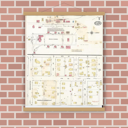 Old map wall art mockup — magnetic wood frame on brick wall — Sanborn Fire Insurance Map from Eldora, Hardin County, Iowa (1940), Sheet #0007