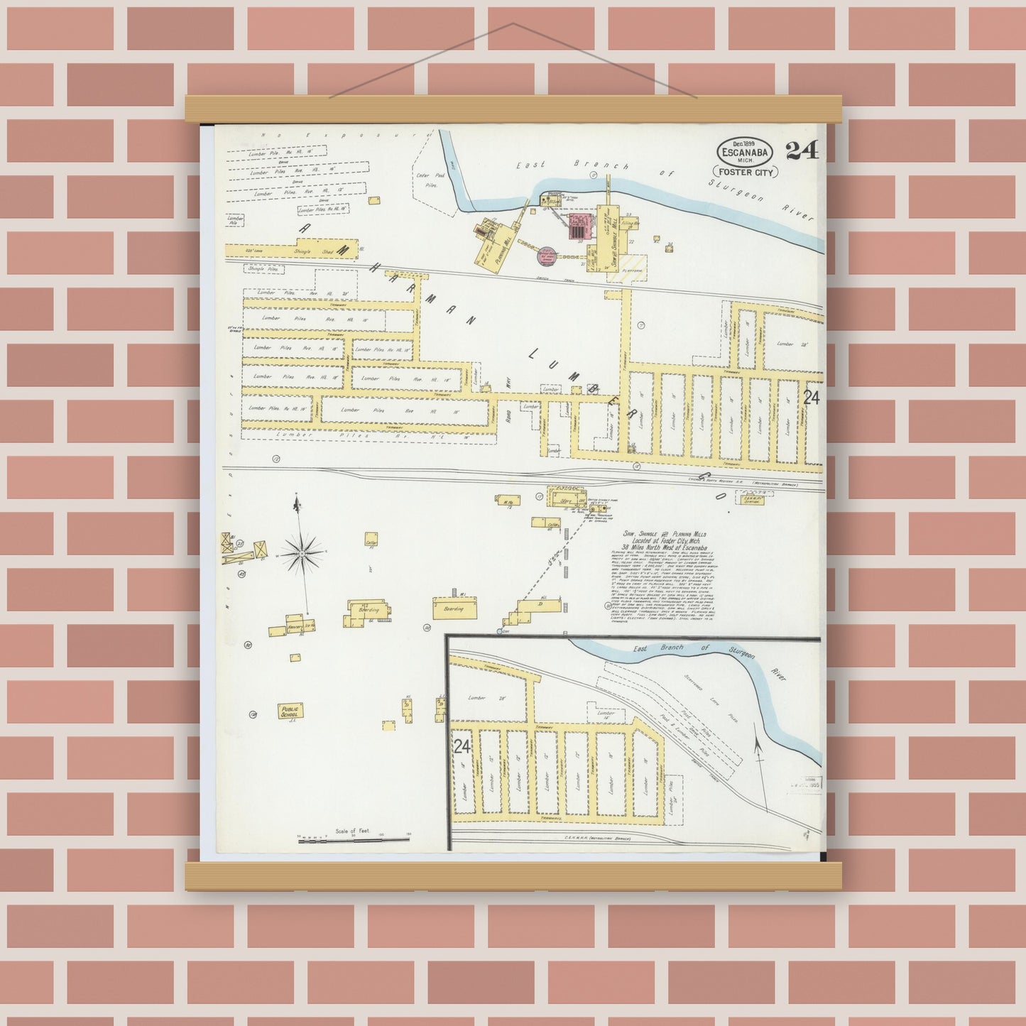 Old map wall art mockup — magnetic wood frame on brick wall — Sanborn Fire Insurance Map from Escanaba, Delta County, Michigan (1899), Sheet #0024