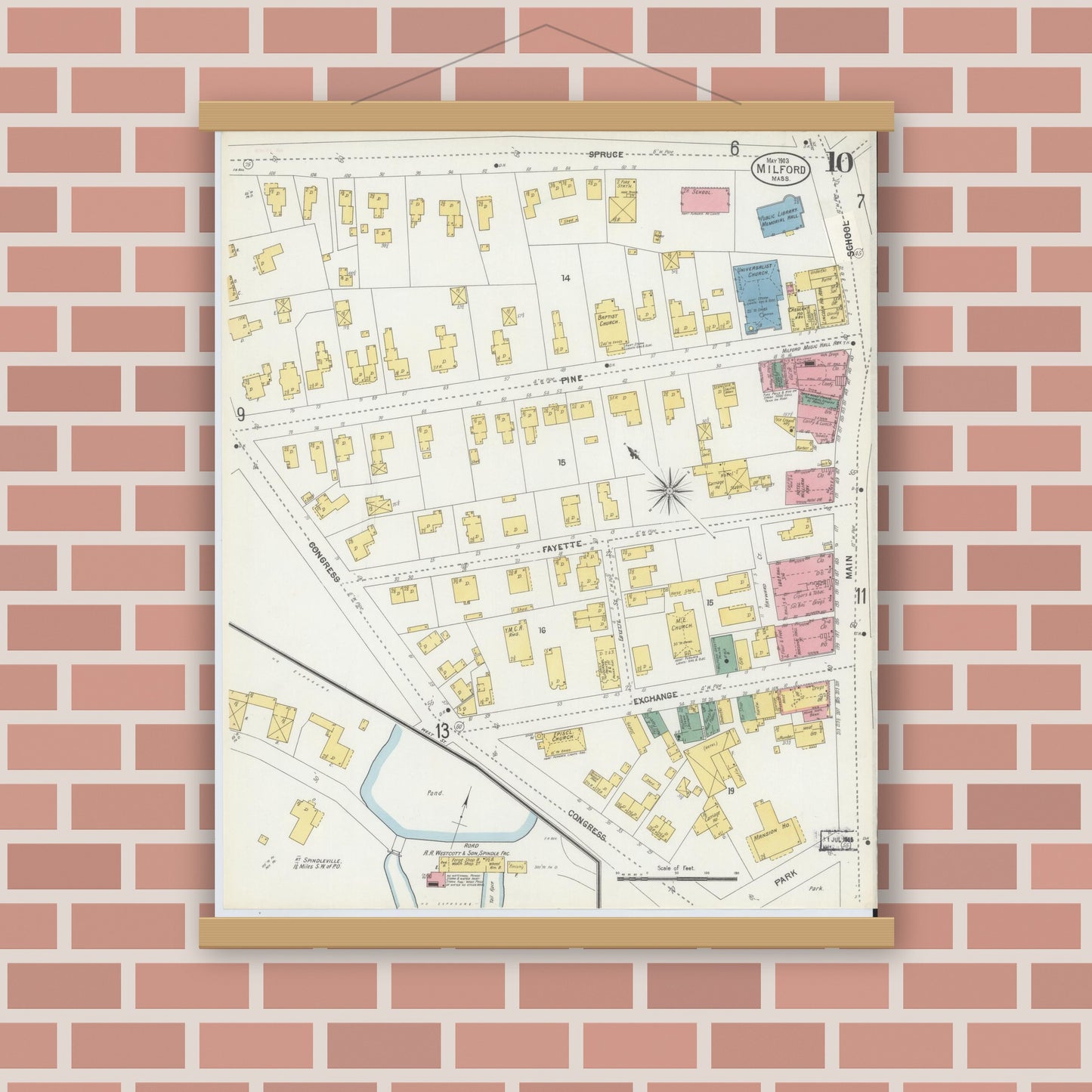 Old map wall art mockup — magnetic wood frame on brick wall — Sanborn Fire Insurance Map from Milford, Worcester County, Massachusetts (1903), Sheet #0010