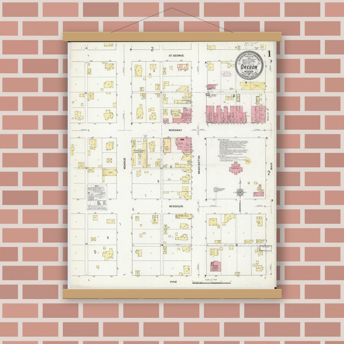 Old map wall art mockup — magnetic wood frame on brick wall — Sanborn Fire Insurance Map from Oregon, Holt County, Missouri (1911) - Complete Map Set