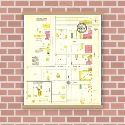 Old map wall art mockup — magnetic wood frame on brick wall — Sanborn Fire Insurance Map from Arlington, Tarrant County, Texas (1905), Sheet #0001