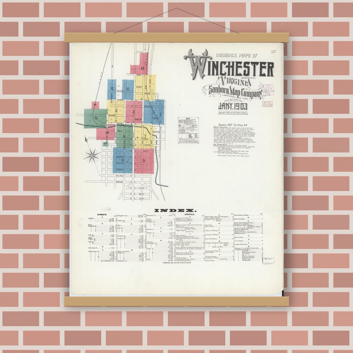 Old map wall art mockup — magnetic wood frame on brick wall — Sanborn Fire Insurance Map from Winchester, Independent Cities, Virginia (1903) - Complete Map Set
