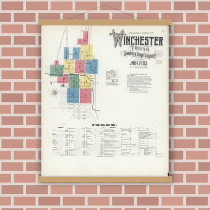 Old map wall art mockup — magnetic wood frame on brick wall — Sanborn Fire Insurance Map from Winchester, Independent Cities, Virginia (1903) - Complete Map Set