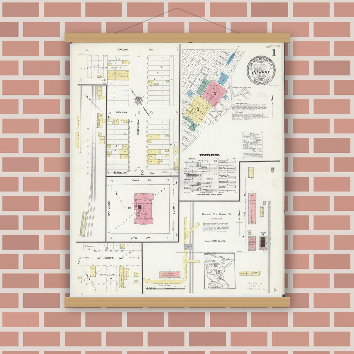 Old map wall art mockup — magnetic wood frame on brick wall — Sanborn Fire Insurance Map from Gilbert, Saint Louis County, Minnesota (1912) - Complete Map Set