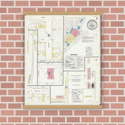 Old map wall art mockup — magnetic wood frame on brick wall — Sanborn Fire Insurance Map from Gilbert, Saint Louis County, Minnesota (1912) - Complete Map Set