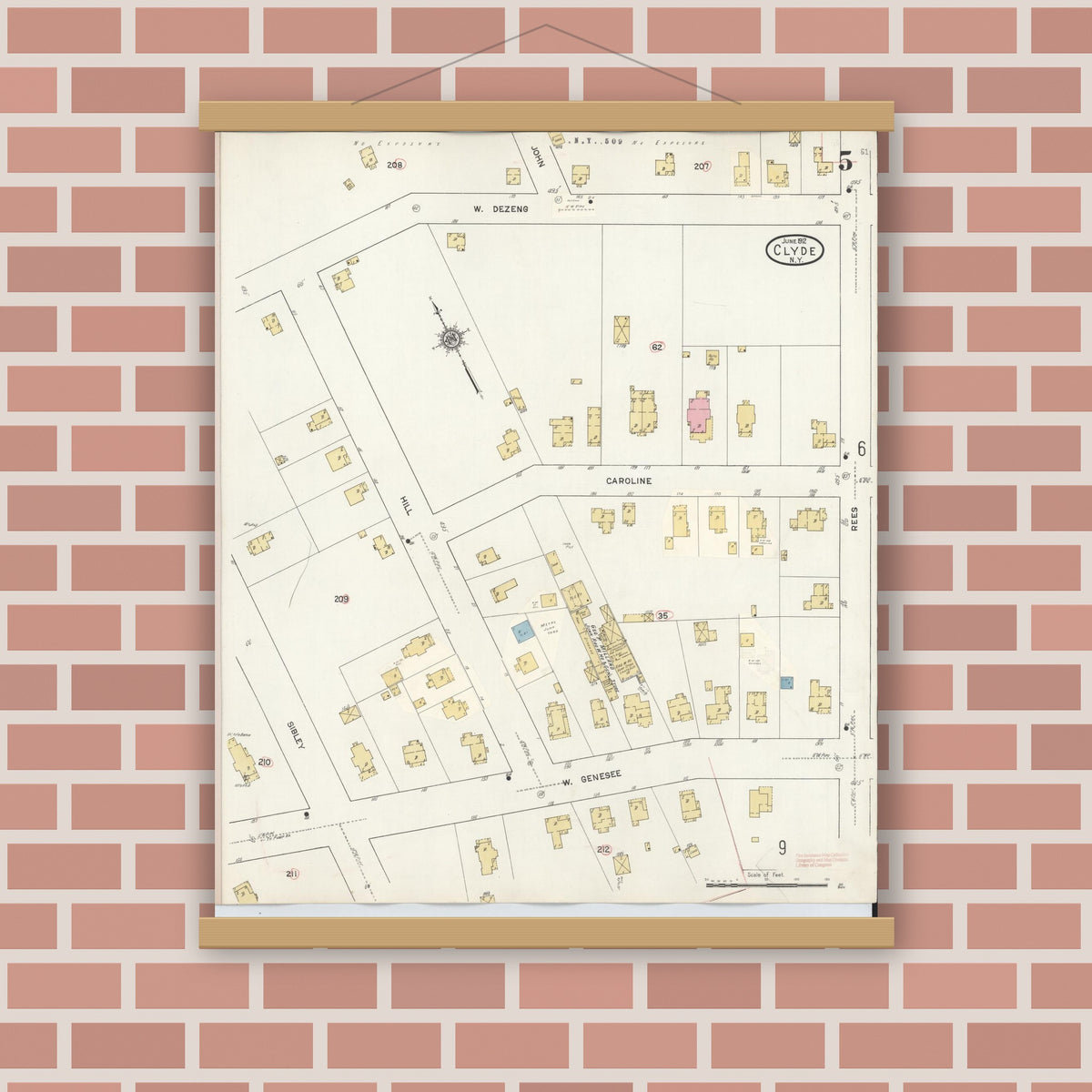 Old map wall art mockup — magnetic wood frame on brick wall — Sanborn Fire Insurance Map from Clyde, Wayne County, New York (1932), Sheet #0005