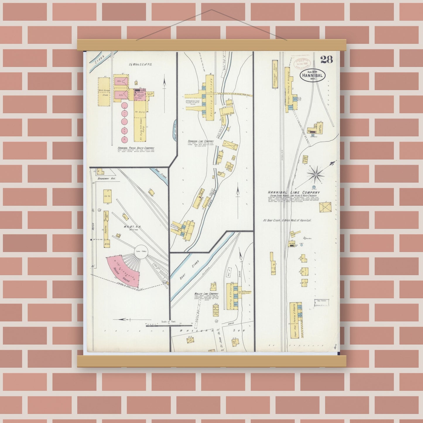 Old map wall art mockup — magnetic wood frame on brick wall — Sanborn Fire Insurance Map from Hannibal, Marion County, Missouri (1899), Sheet #0028