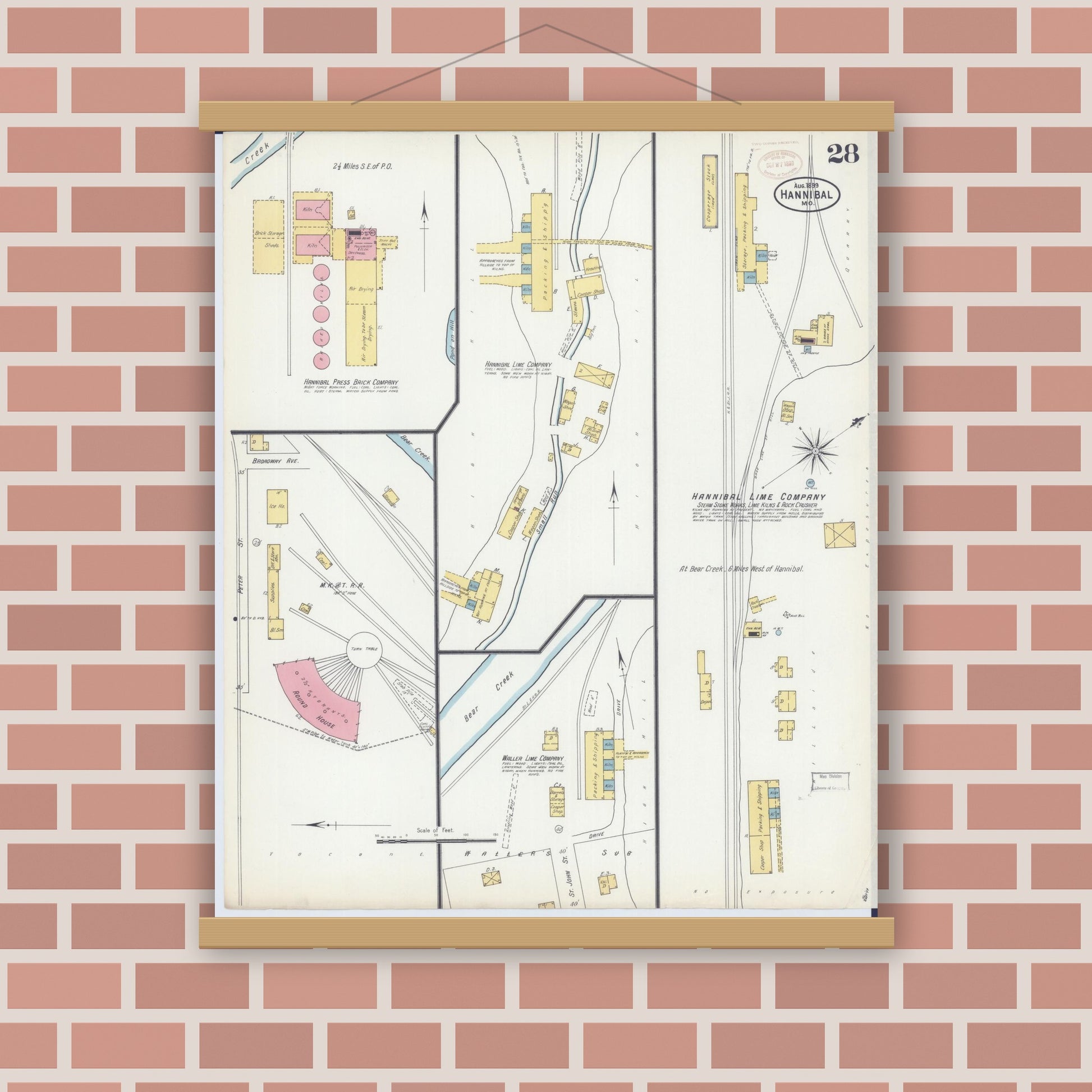 Old map wall art mockup — magnetic wood frame on brick wall — Sanborn Fire Insurance Map from Hannibal, Marion County, Missouri (1899), Sheet #0028