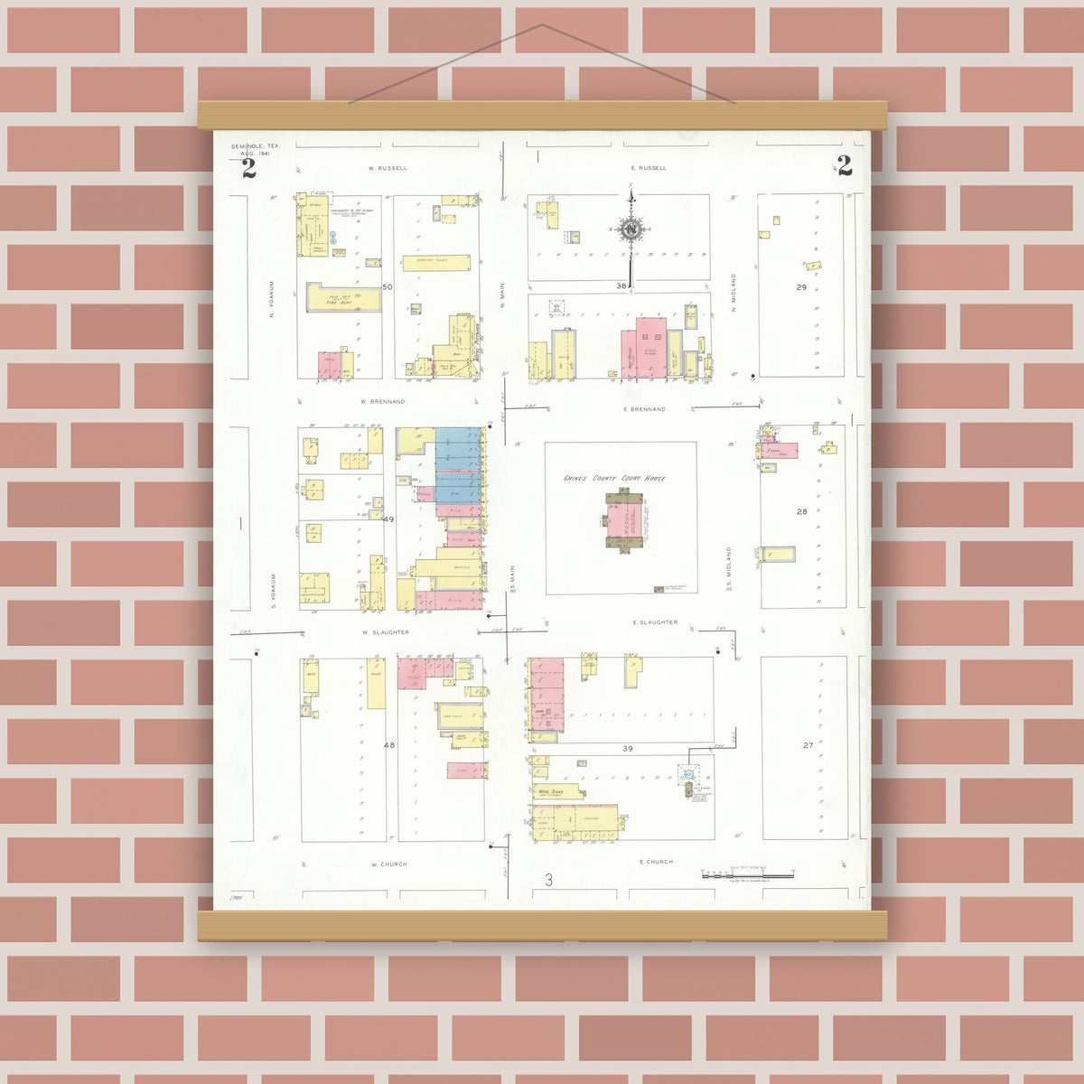 Old map wall art mockup — magnetic wood frame on brick wall — Sanborn Fire Insurance Map from Seminole, Gaines County, Texas (1941), Sheet #0002