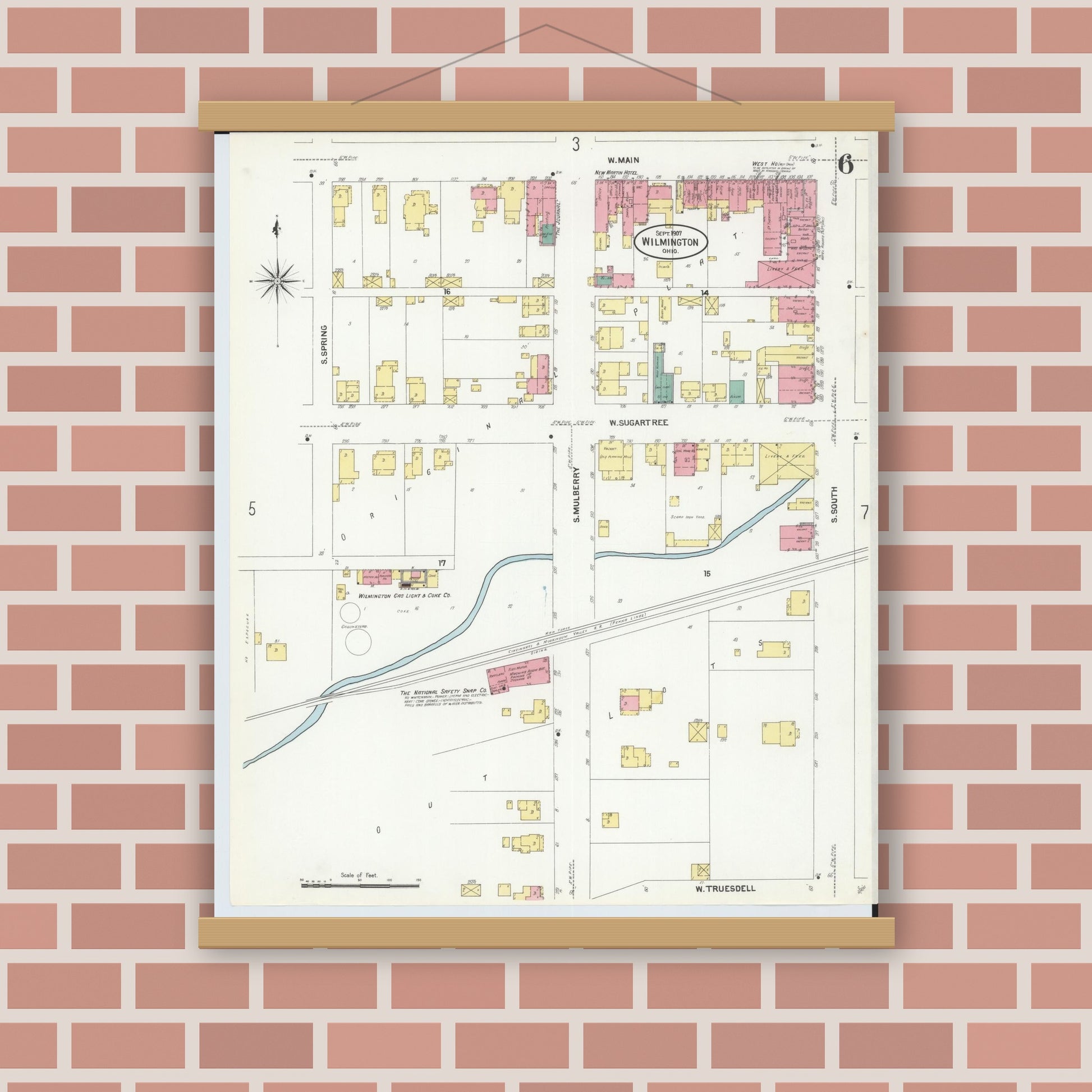 Old map wall art mockup — magnetic wood frame on brick wall — Sanborn Fire Insurance Map from Wilmington, Clinton County, Ohio (1907), Sheet #0006
