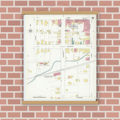 Old map wall art mockup — magnetic wood frame on brick wall — Sanborn Fire Insurance Map from Wilmington, Clinton County, Ohio (1907), Sheet #0006