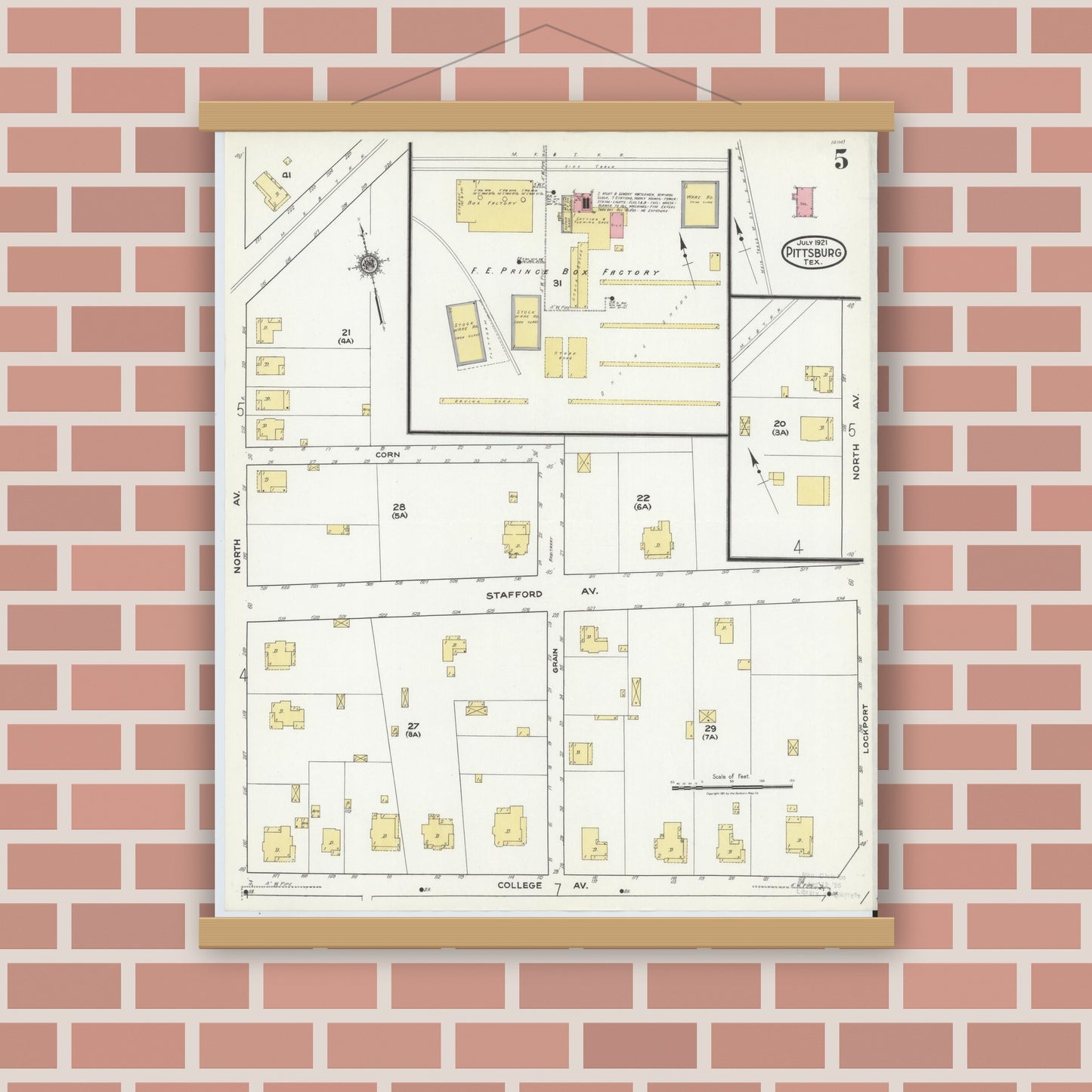 Old map wall art mockup — magnetic wood frame on brick wall — Sanborn Fire Insurance Map from Pittsburg, Camp County, Texas (1921), Sheet #0005