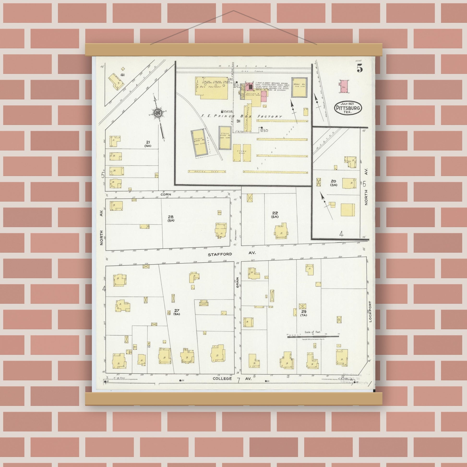 Old map wall art mockup — magnetic wood frame on brick wall — Sanborn Fire Insurance Map from Pittsburg, Camp County, Texas (1921), Sheet #0005