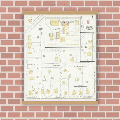 Old map wall art mockup — magnetic wood frame on brick wall — Sanborn Fire Insurance Map from Pittsburg, Camp County, Texas (1921), Sheet #0005