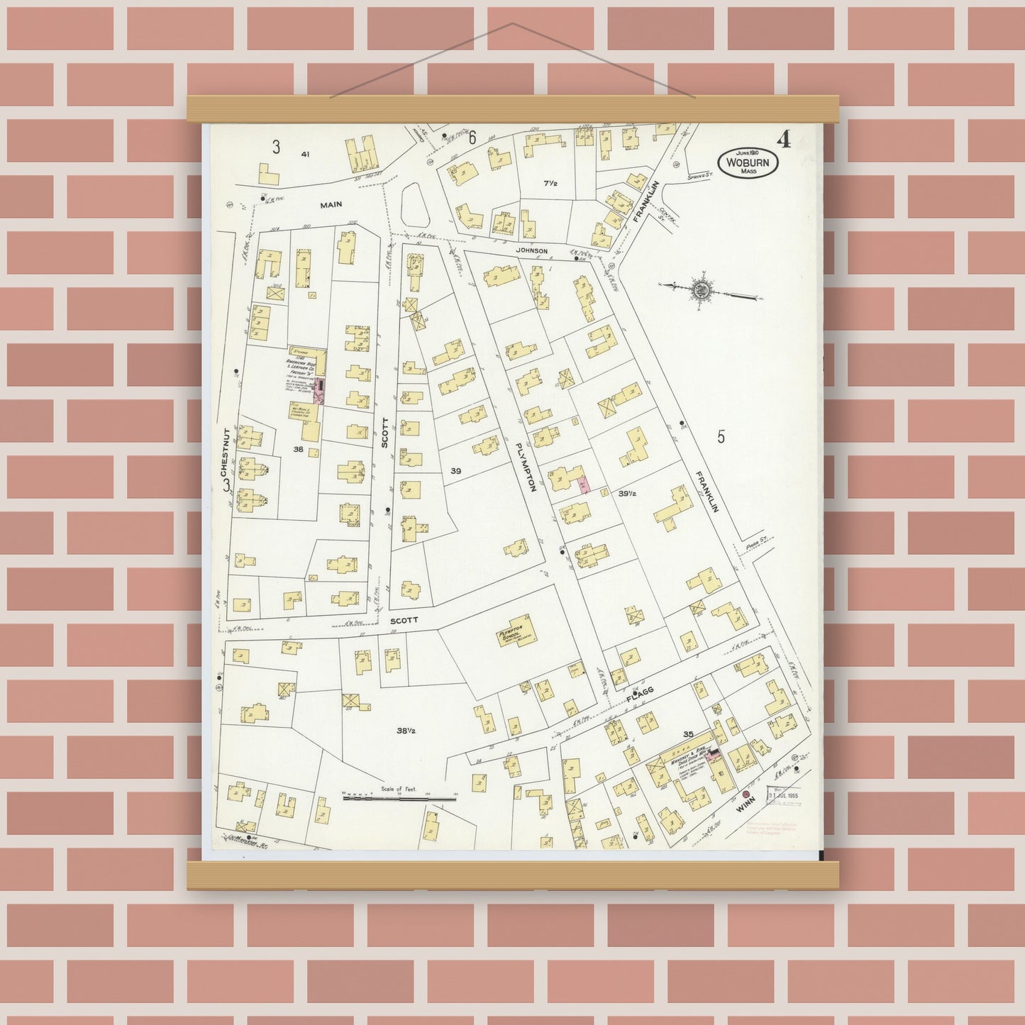 Old map wall art mockup — magnetic wood frame on brick wall — Sanborn Fire Insurance Map from Woburn, Middlesex County, Massachusetts (1910), Sheet #0004
