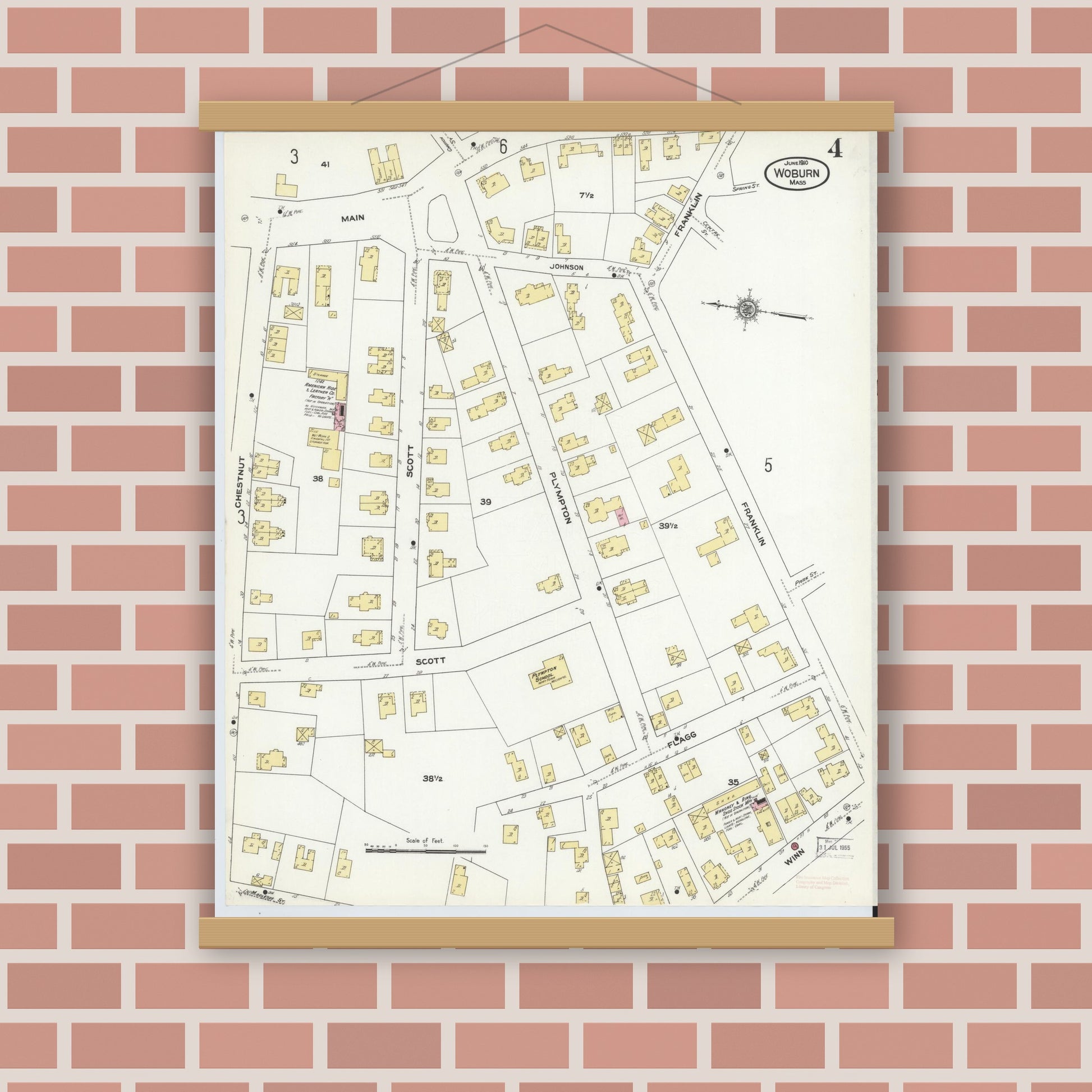 Old map wall art mockup — magnetic wood frame on brick wall — Sanborn Fire Insurance Map from Woburn, Middlesex County, Massachusetts (1910), Sheet #0004