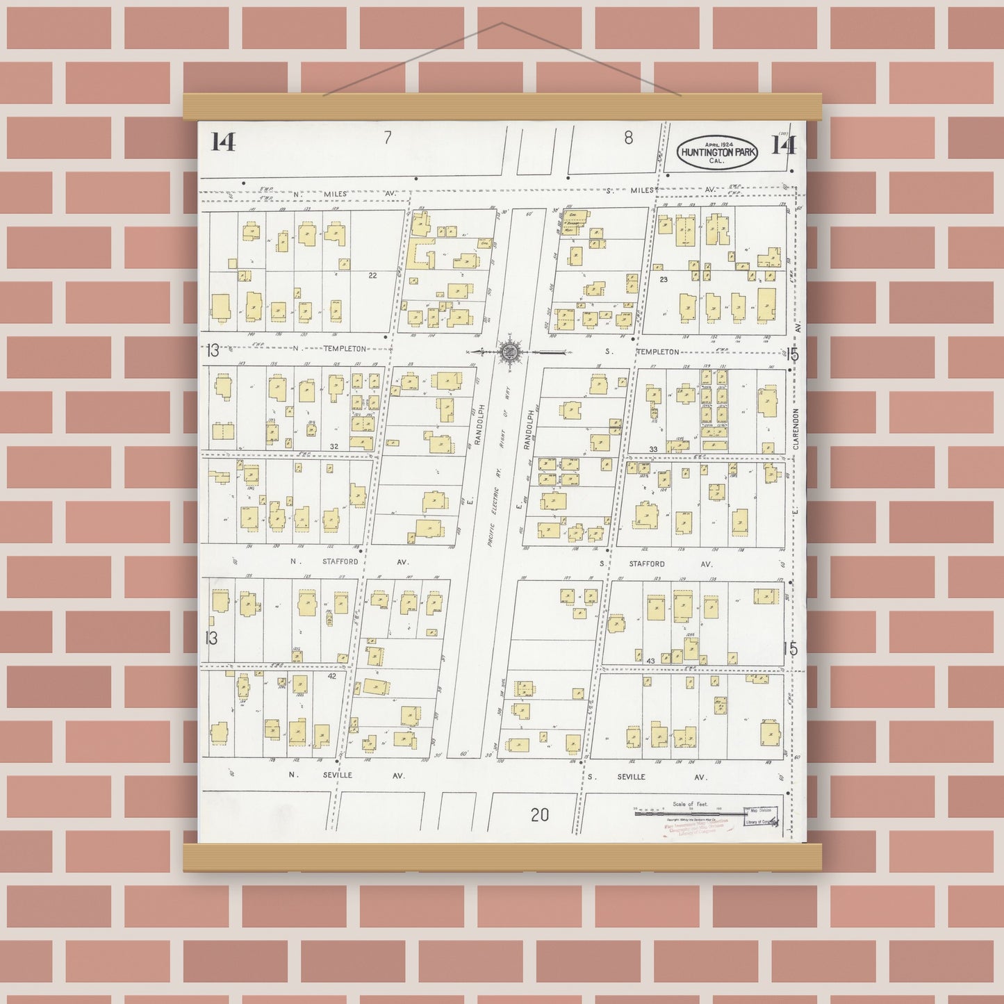 Old map wall art mockup — magnetic wood frame on brick wall — Sanborn Fire Insurance Map from Huntington Park, Los Angeles County, California (1924), Sheet #0014