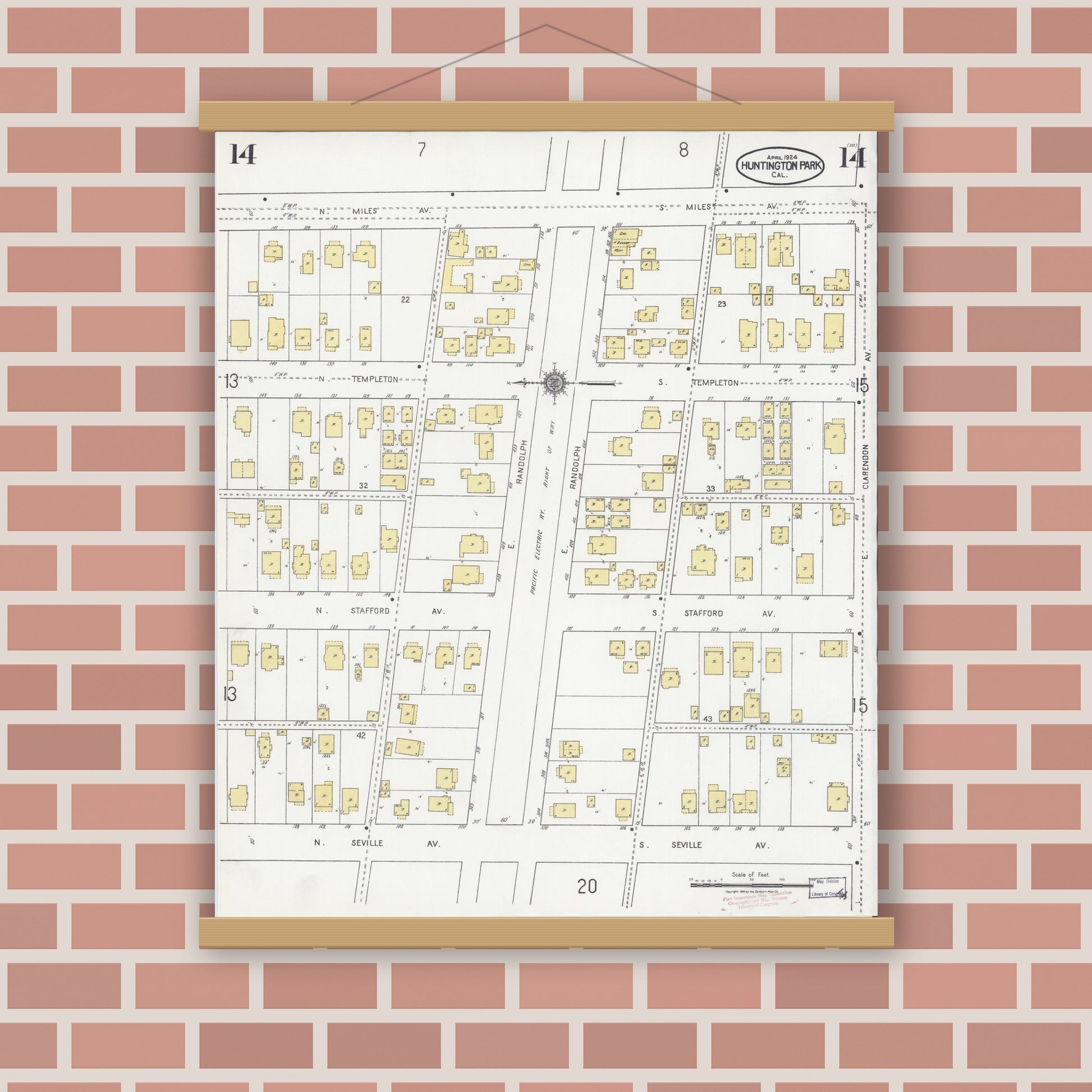 Old map wall art mockup — magnetic wood frame on brick wall — Sanborn Fire Insurance Map from Huntington Park, Los Angeles County, California (1924), Sheet #0014