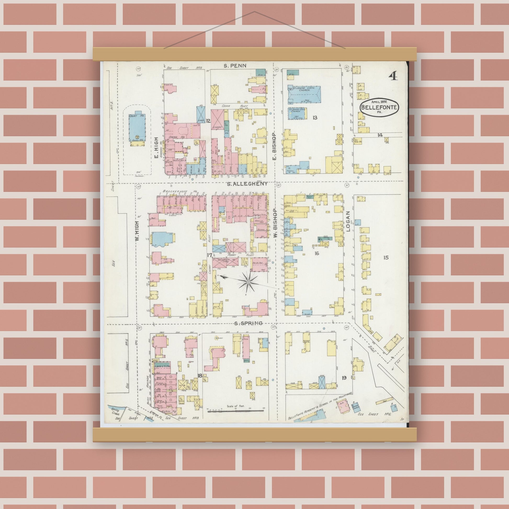 Old map wall art mockup — magnetic wood frame on brick wall — Sanborn Fire Insurance Map from Bellefonte, Centre County, Pennsylvania (1892), Sheet #0004