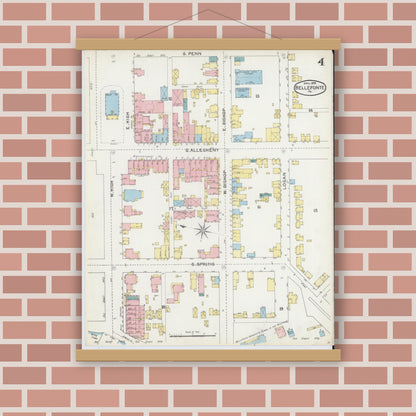 Old map wall art mockup — magnetic wood frame on brick wall — Sanborn Fire Insurance Map from Bellefonte, Centre County, Pennsylvania (1892), Sheet #0004