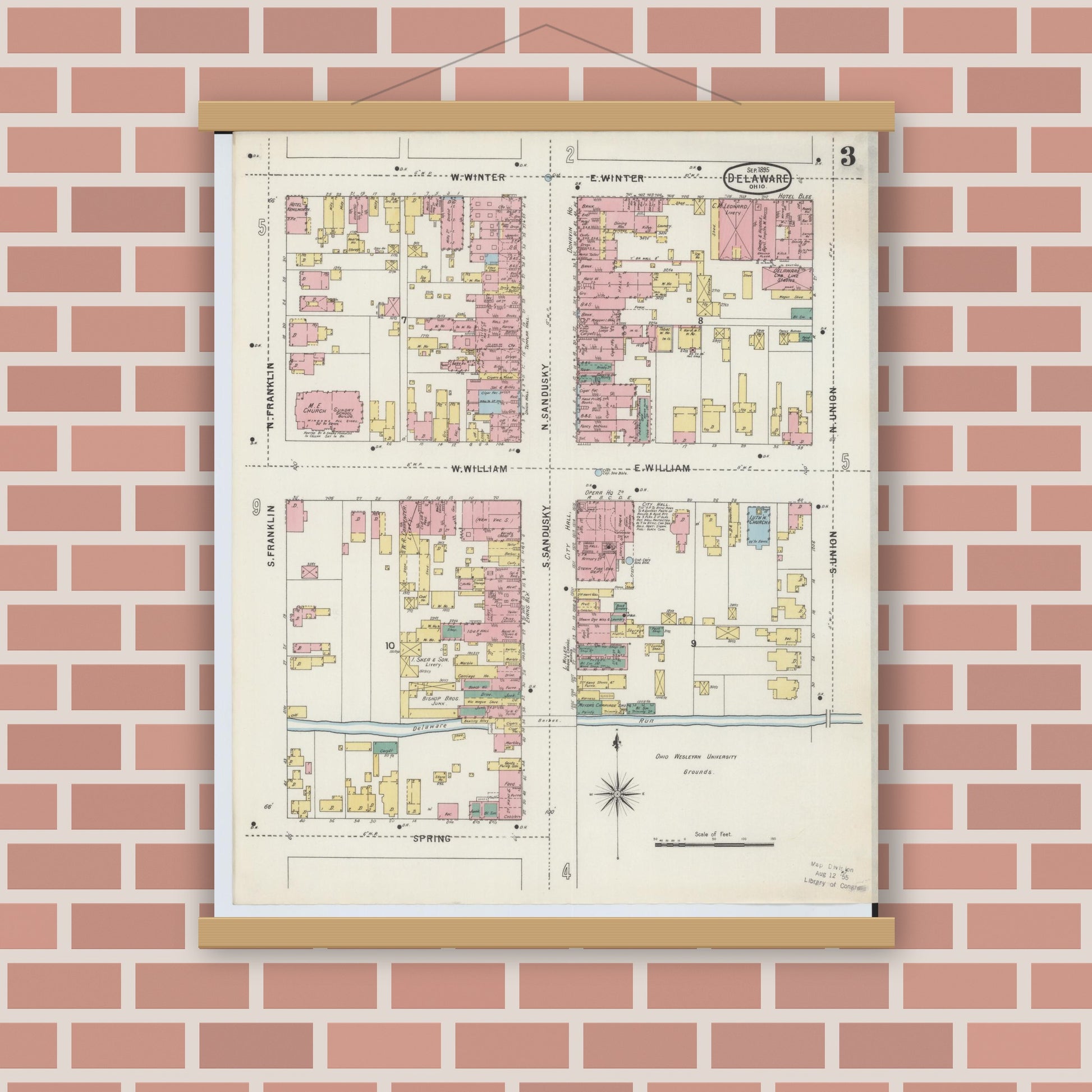 Old map wall art mockup — magnetic wood frame on brick wall — Sanborn Fire Insurance Map from Delaware, Delaware County, Ohio (1895), Sheet #0003