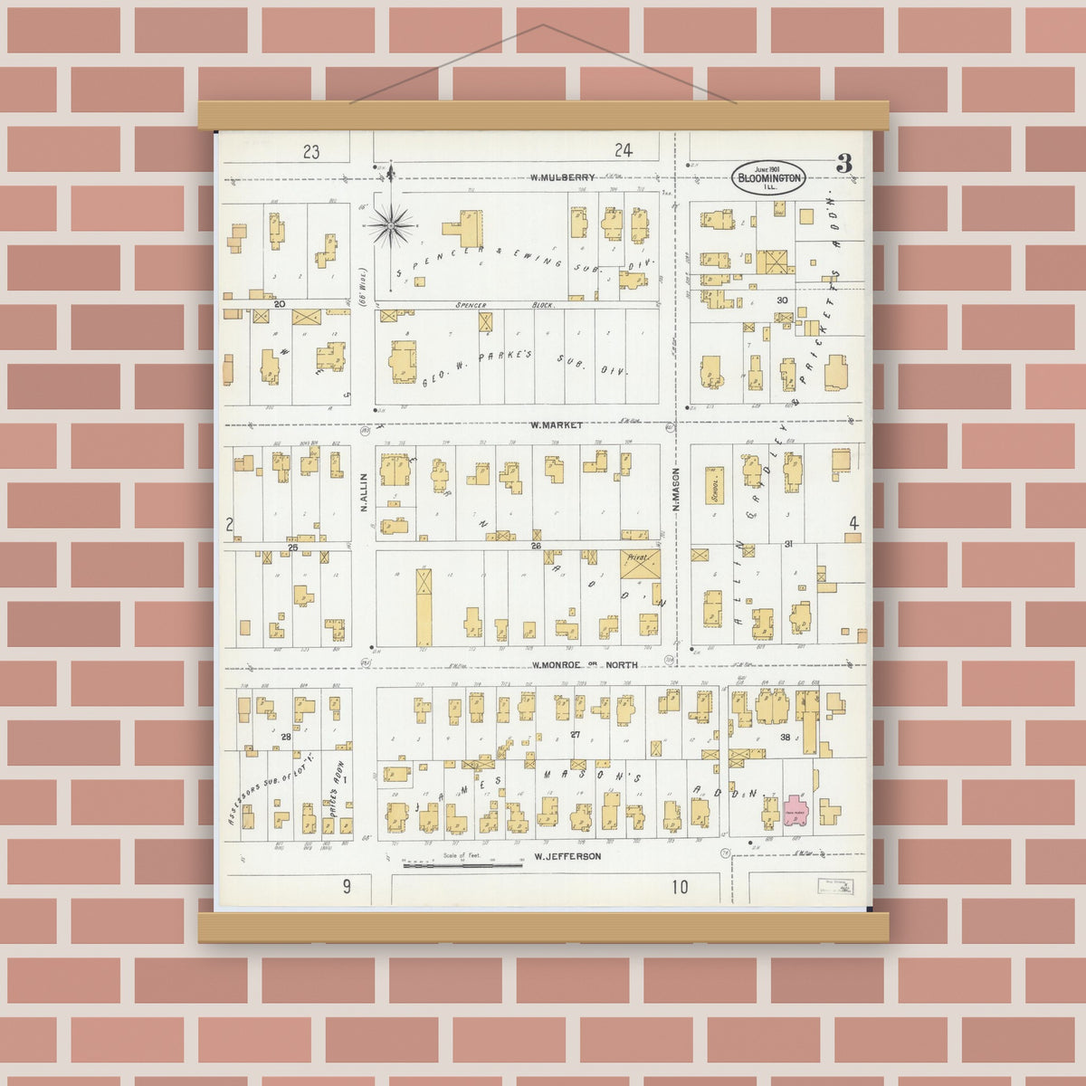 Old map wall art mockup — magnetic wood frame on brick wall — Sanborn Fire Insurance Map from Bloomington, McLean County, Illinois (1901), Sheet #0003