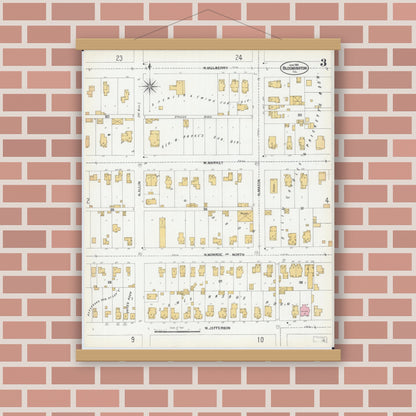 Old map wall art mockup — magnetic wood frame on brick wall — Sanborn Fire Insurance Map from Bloomington, McLean County, Illinois (1901), Sheet #0003