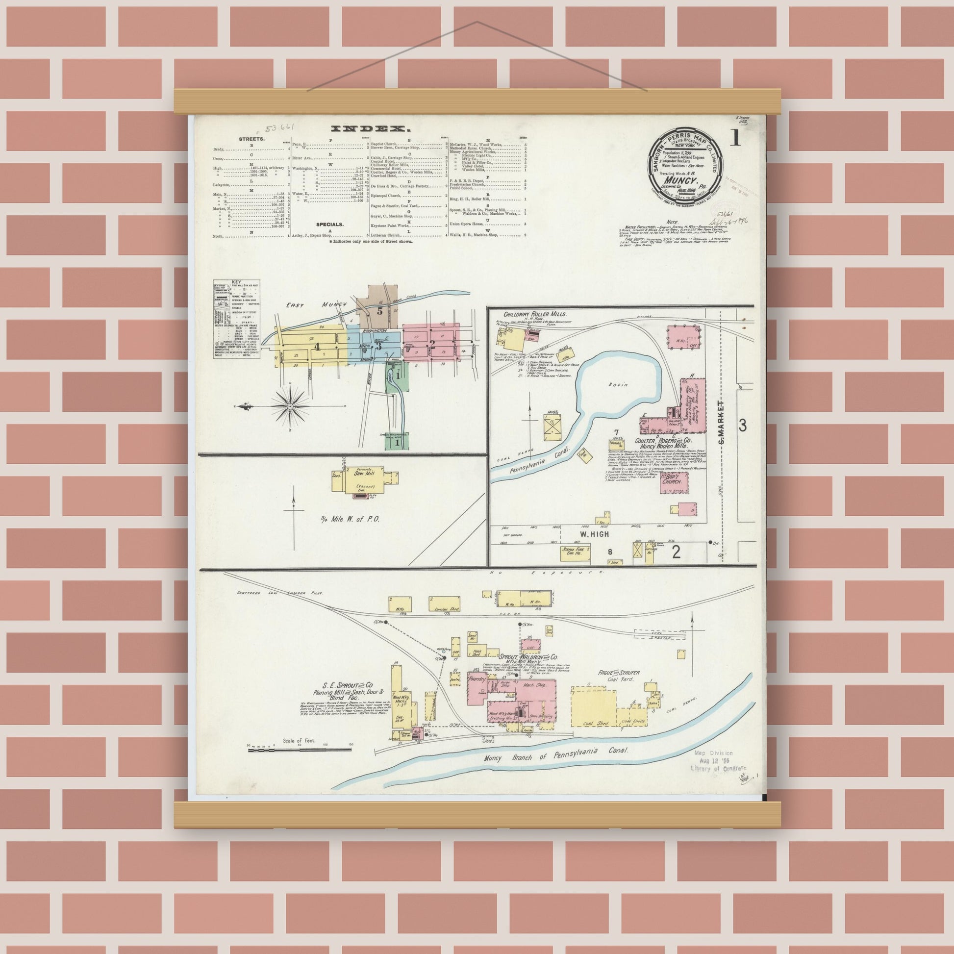 Old map wall art mockup — magnetic wood frame on brick wall — Sanborn Fire Insurance Map from Muncy, Lycoming County, Pennsylvania (1896), Sheet #0001