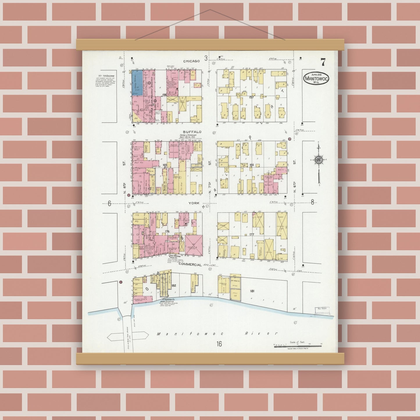 Old map wall art mockup — magnetic wood frame on brick wall — Sanborn Fire Insurance Map from Manitowoc, Manitowoc County, Wisconsin (1919), Sheet #0007