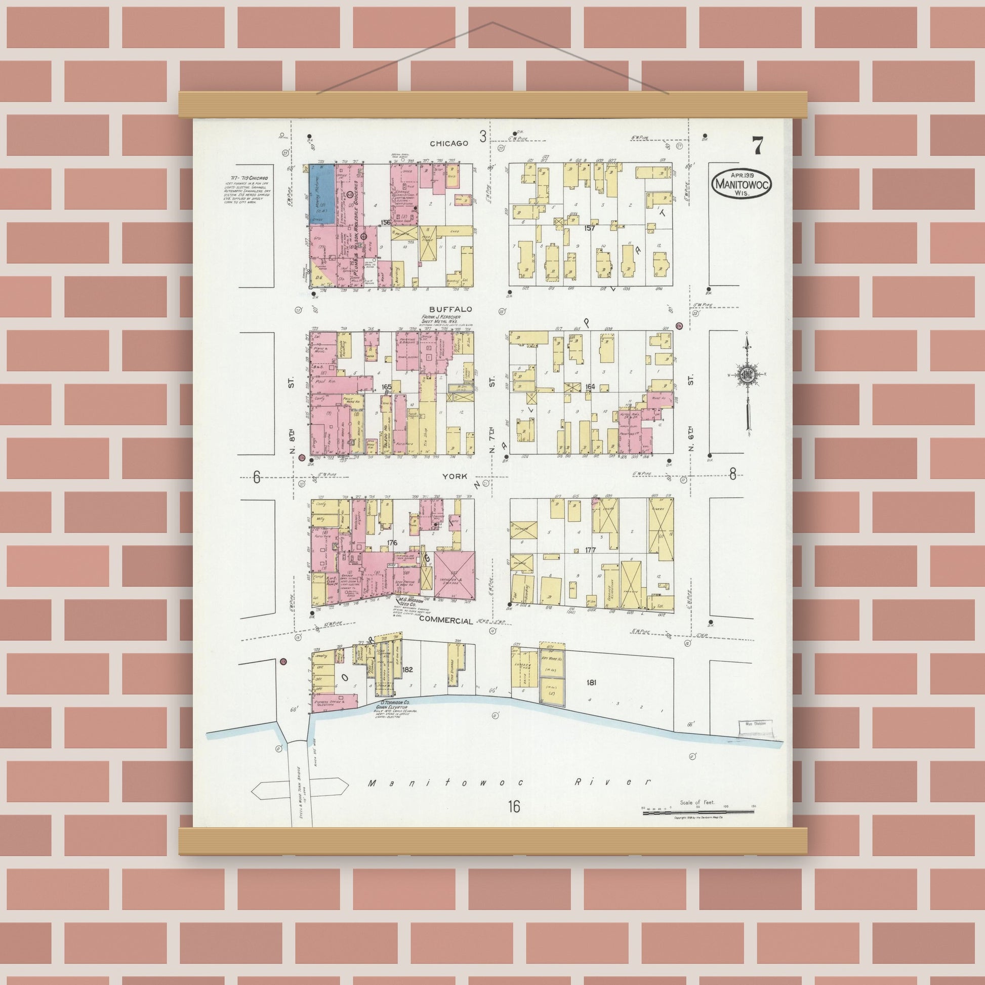 Old map wall art mockup — magnetic wood frame on brick wall — Sanborn Fire Insurance Map from Manitowoc, Manitowoc County, Wisconsin (1919), Sheet #0007