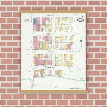 Old map wall art mockup — magnetic wood frame on brick wall — Sanborn Fire Insurance Map from Manitowoc, Manitowoc County, Wisconsin (1919), Sheet #0007